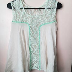 Sleeveless Lace Inset Tank Top - White with Mint Trim